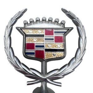 Vintage 80s Cadillac Hood Ornament Emblem Wreath & Crest Design Spring Mount